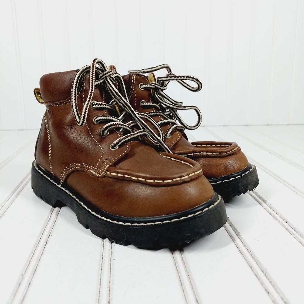 GAP Brown Leather Lace Up Kids Statement Stitching Comfy Boots A276 - Picture 4 of 12